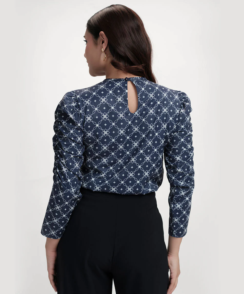 Long Sleeve Detailed Printed Chiffon Blue Top - Image 5