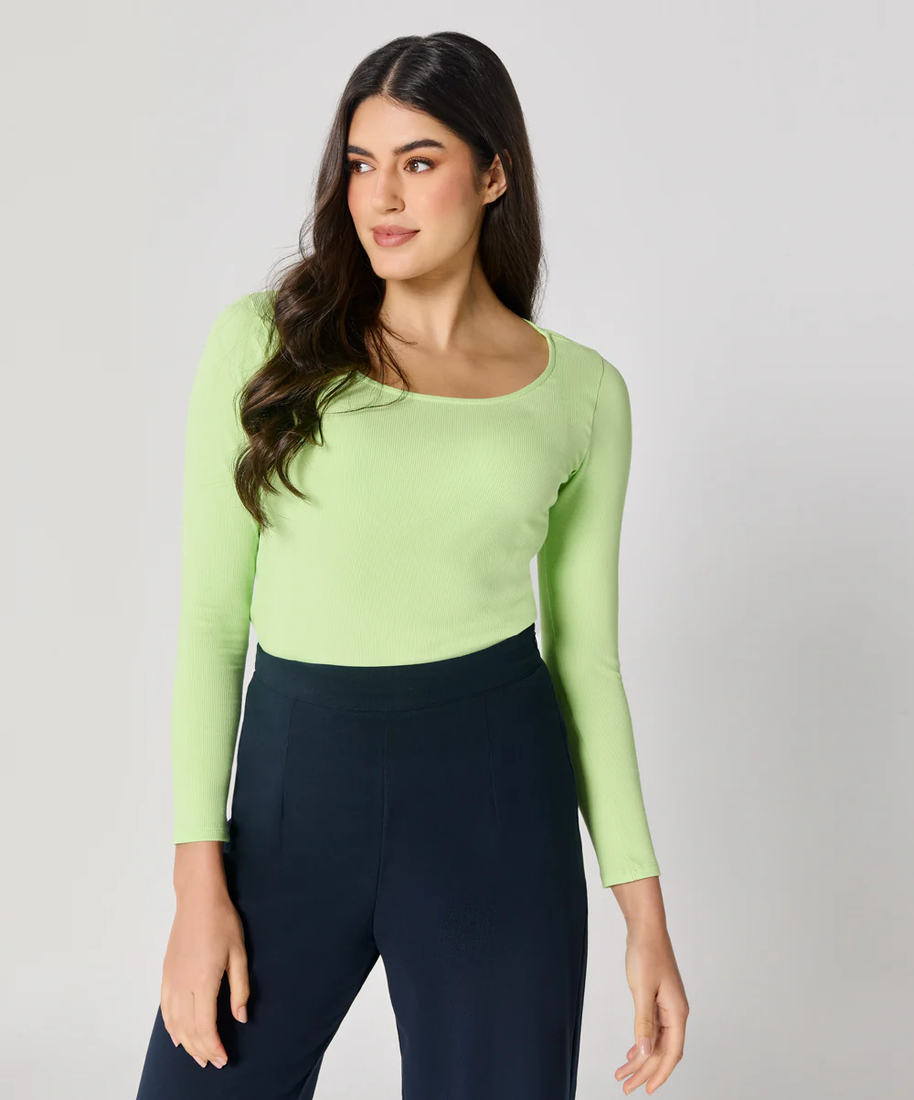 Long Sleeve Electric Green Rib Top - Image 2