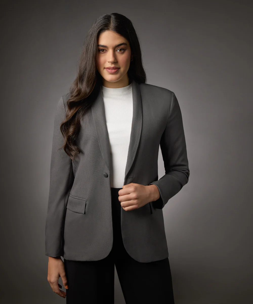 Long Sleeve Formal Blazer With Pockets- Dark Grey - Image 2