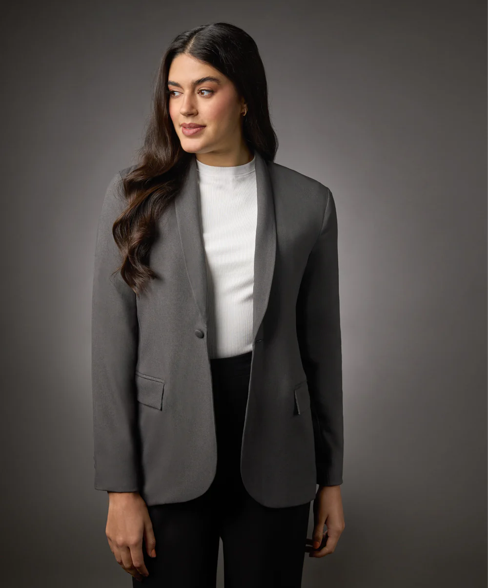 Long Sleeve Formal Blazer With Pockets- Dark Grey - Image 3