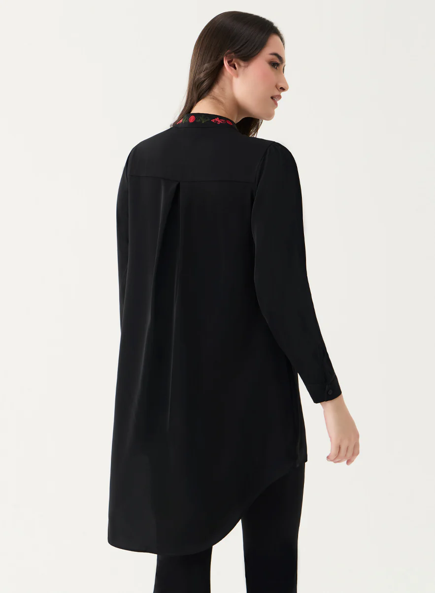 Long Sleeve Front Embroidered Chiffon Top - Image 2