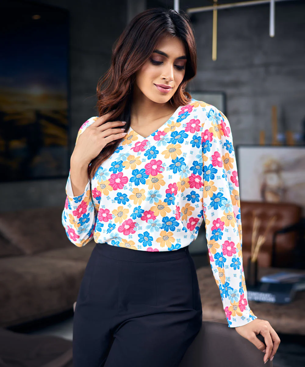 Long Sleeve Gathered Chiffon Printed Top