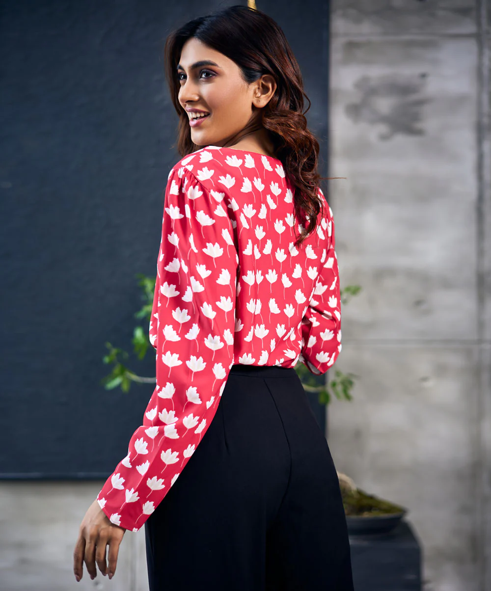 Long Sleeve Gathered Red Printed Top - Image 4