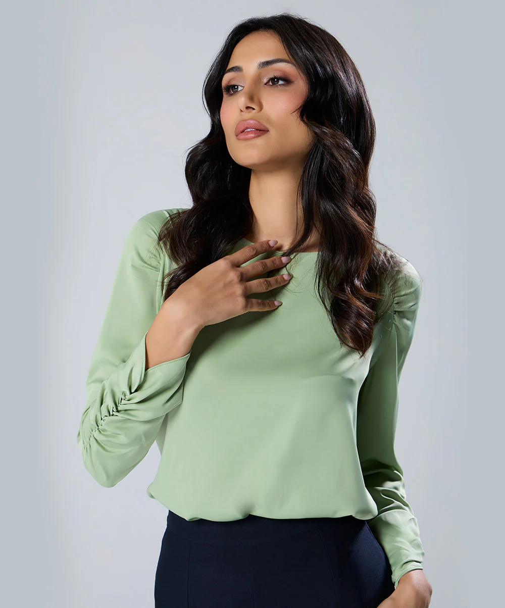 Long Sleeve Gathered Satin Green Top - Image 3