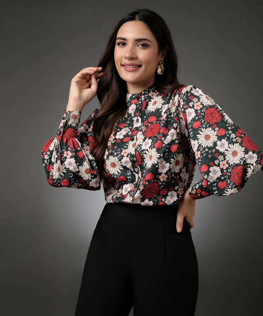 Long Sleeve Mandarine Collar Shirt Top - Image 2