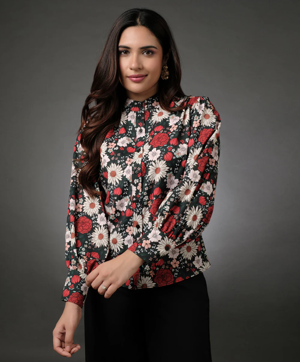 Long Sleeve Mandarine Collar Shirt Top - Image 3