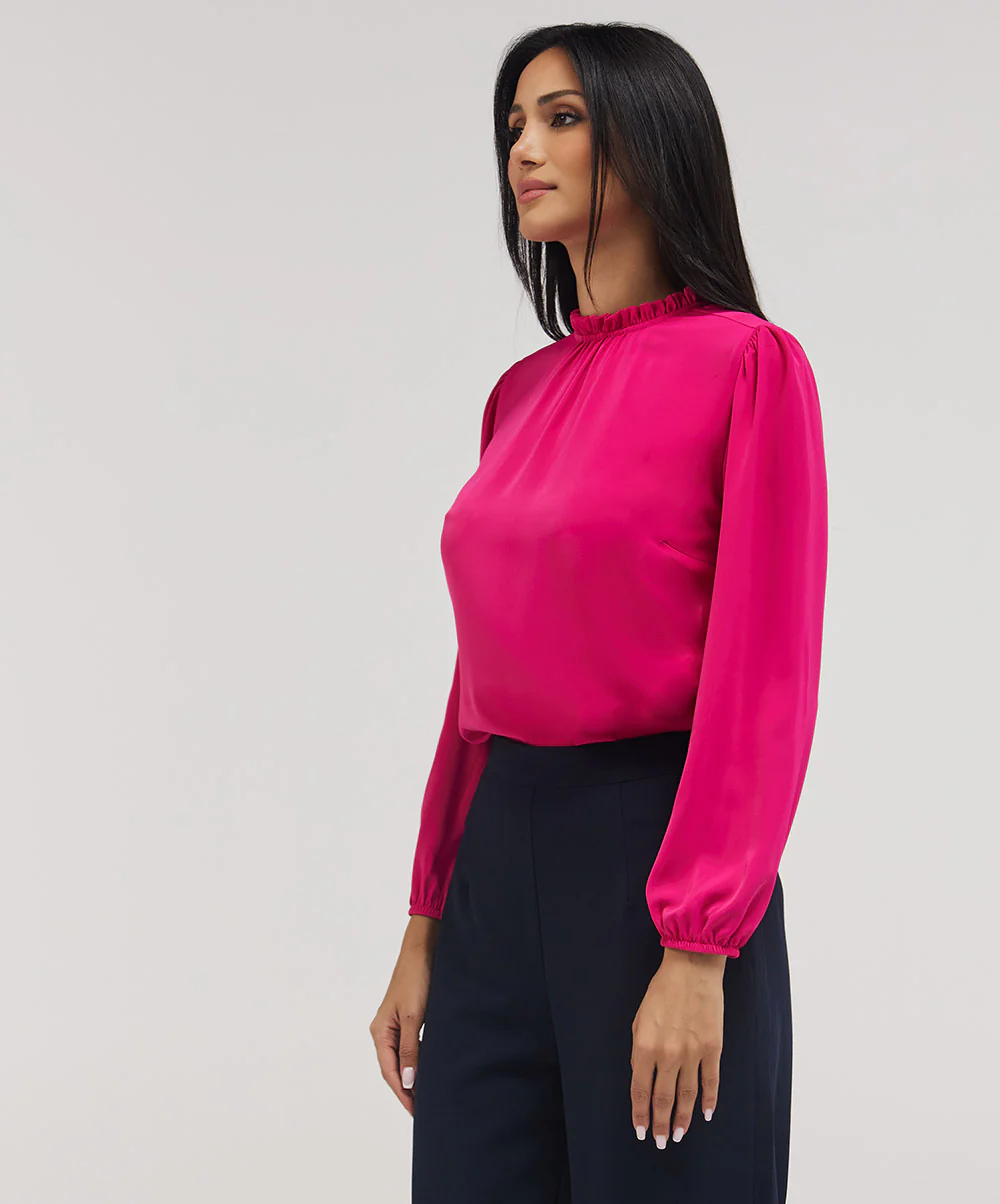 Long Sleeve Neck Detailed Top -Hot Pink - Image 2