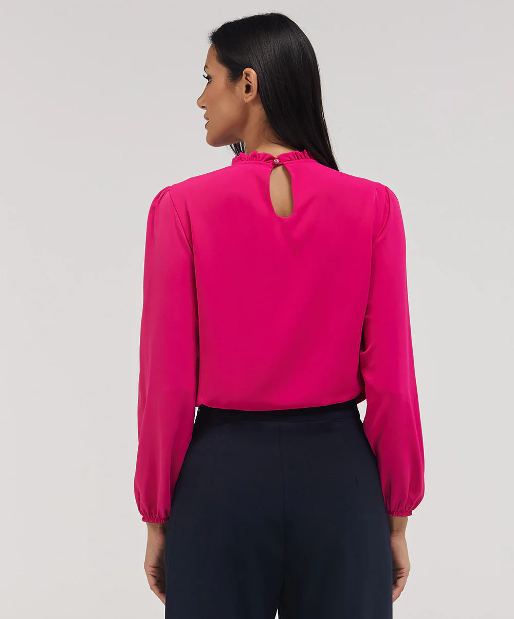 Long Sleeve Neck Detailed Top -Hot Pink - Image 3