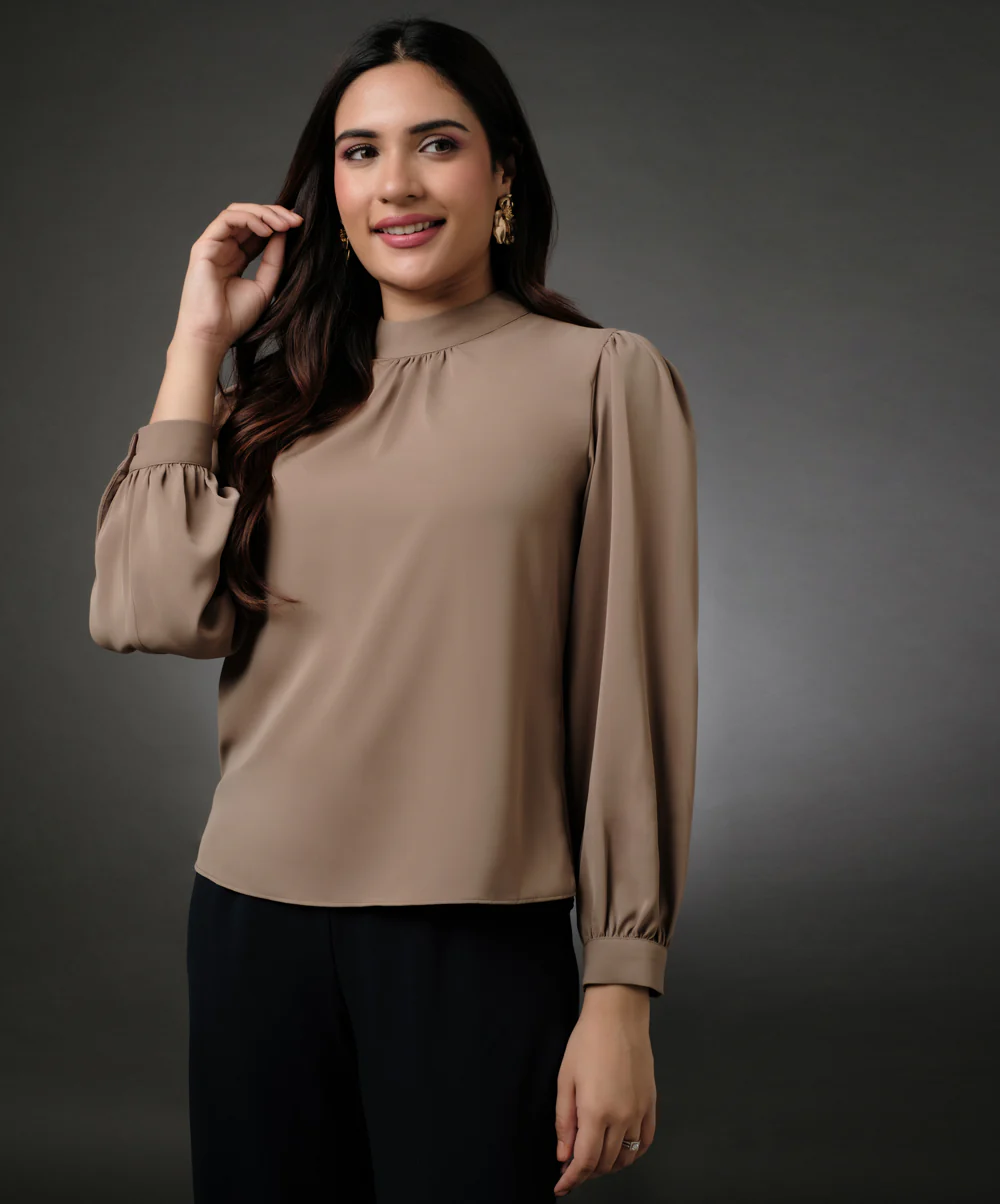 Long Sleeve Neck Pleated Brown Top - Image 4