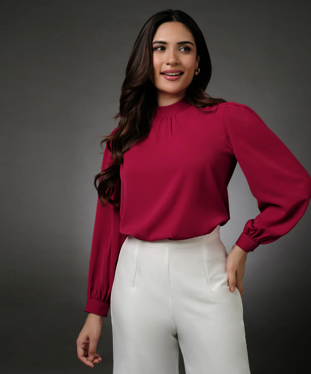 Long Sleeve Neck Pleated Red Top - Image 3