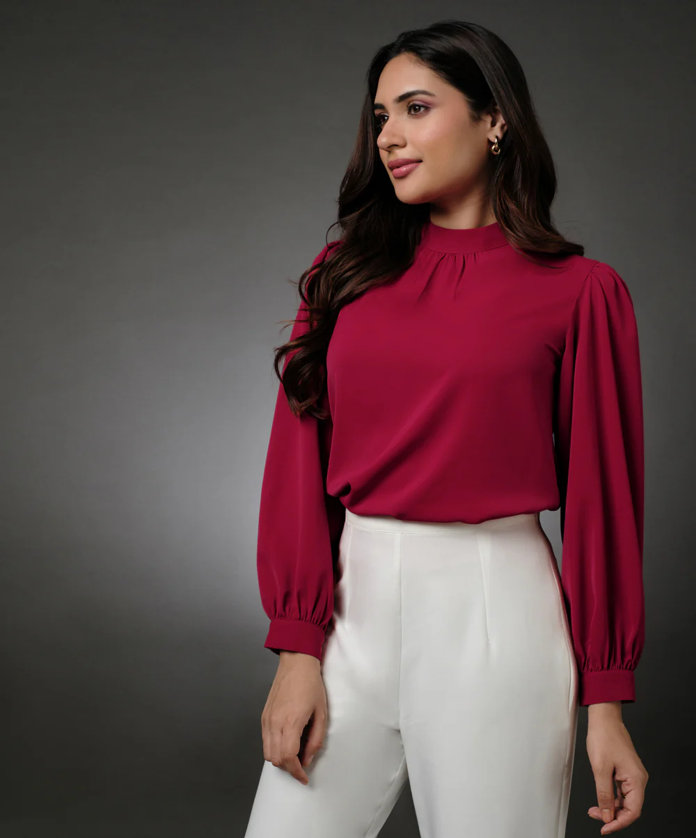 Long Sleeve Neck Pleated Red Top - Image 4