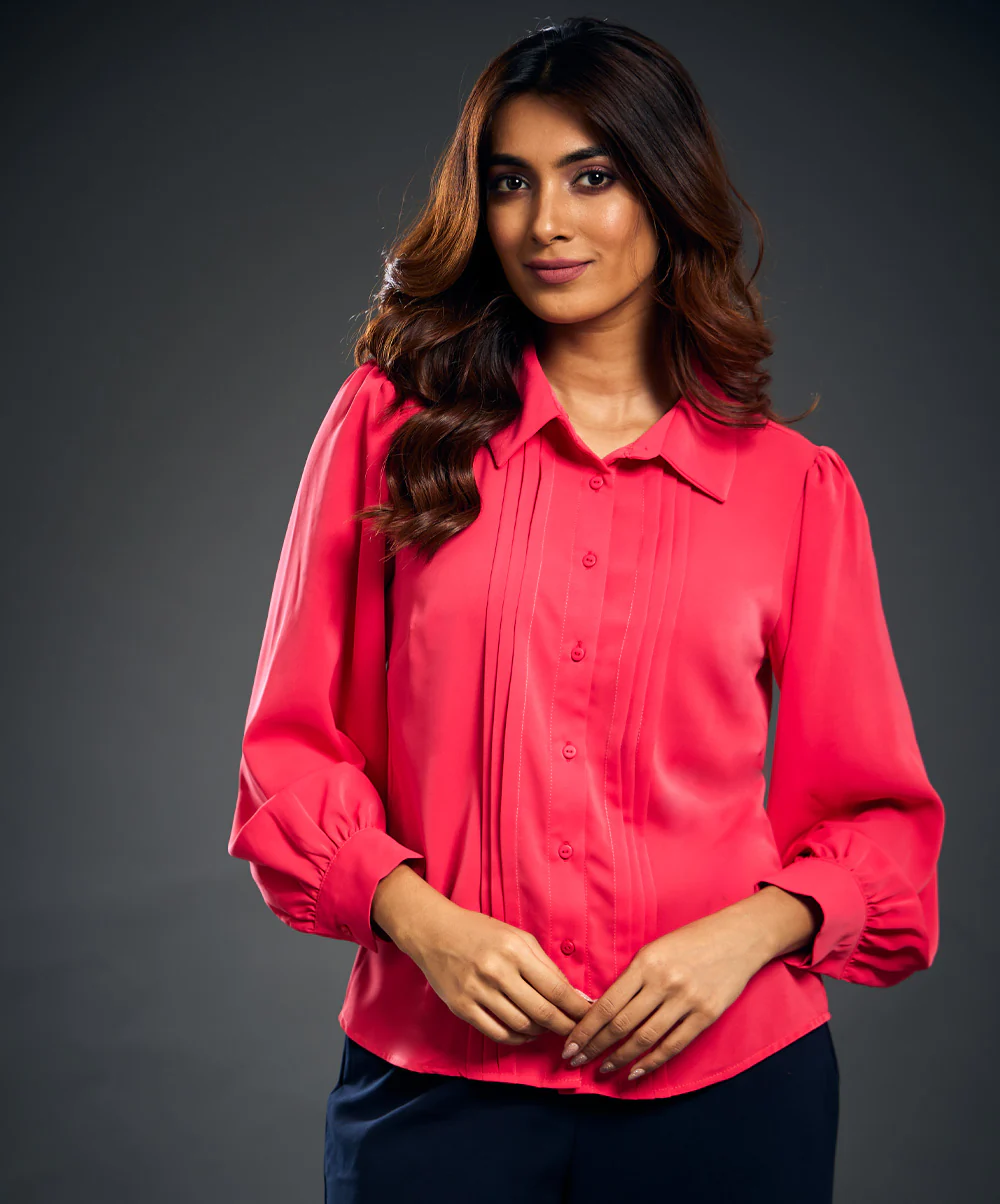 Long Sleeve Pintuck Chiffon Pink Top - Image 4