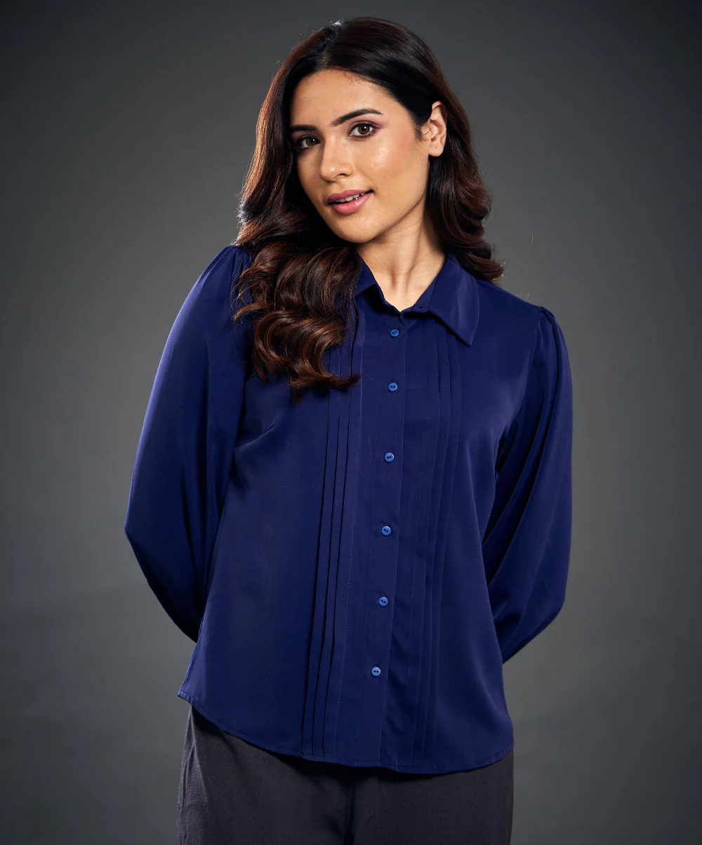 Long Sleeve Pintuck Shirt Chiffon Top-Blue - Image 3