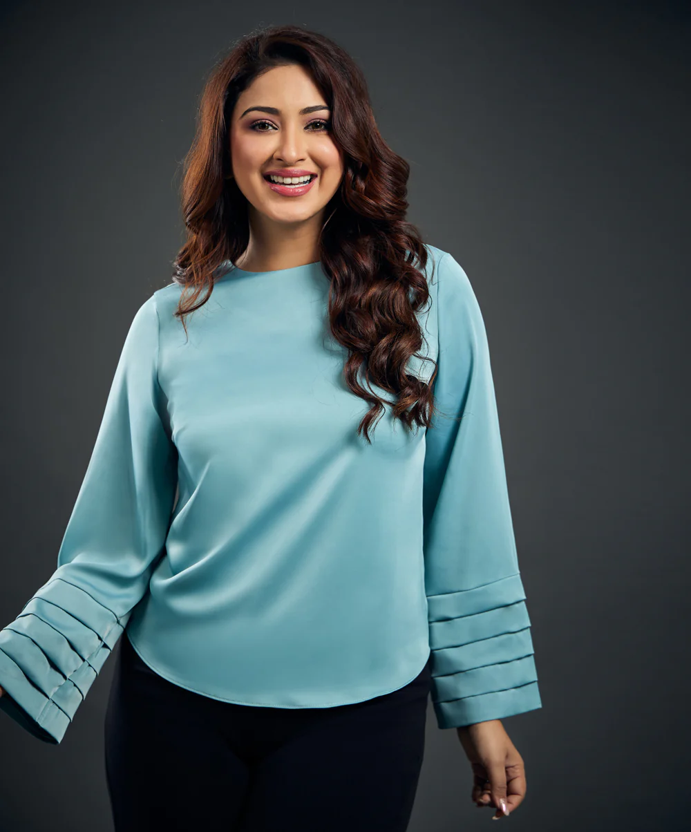 Long Sleeve Pleated Blue Satin Top - Image 2