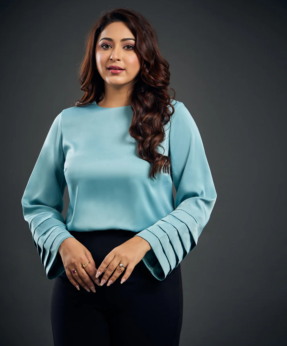 Long Sleeve Pleated Blue Satin Top - Image 3
