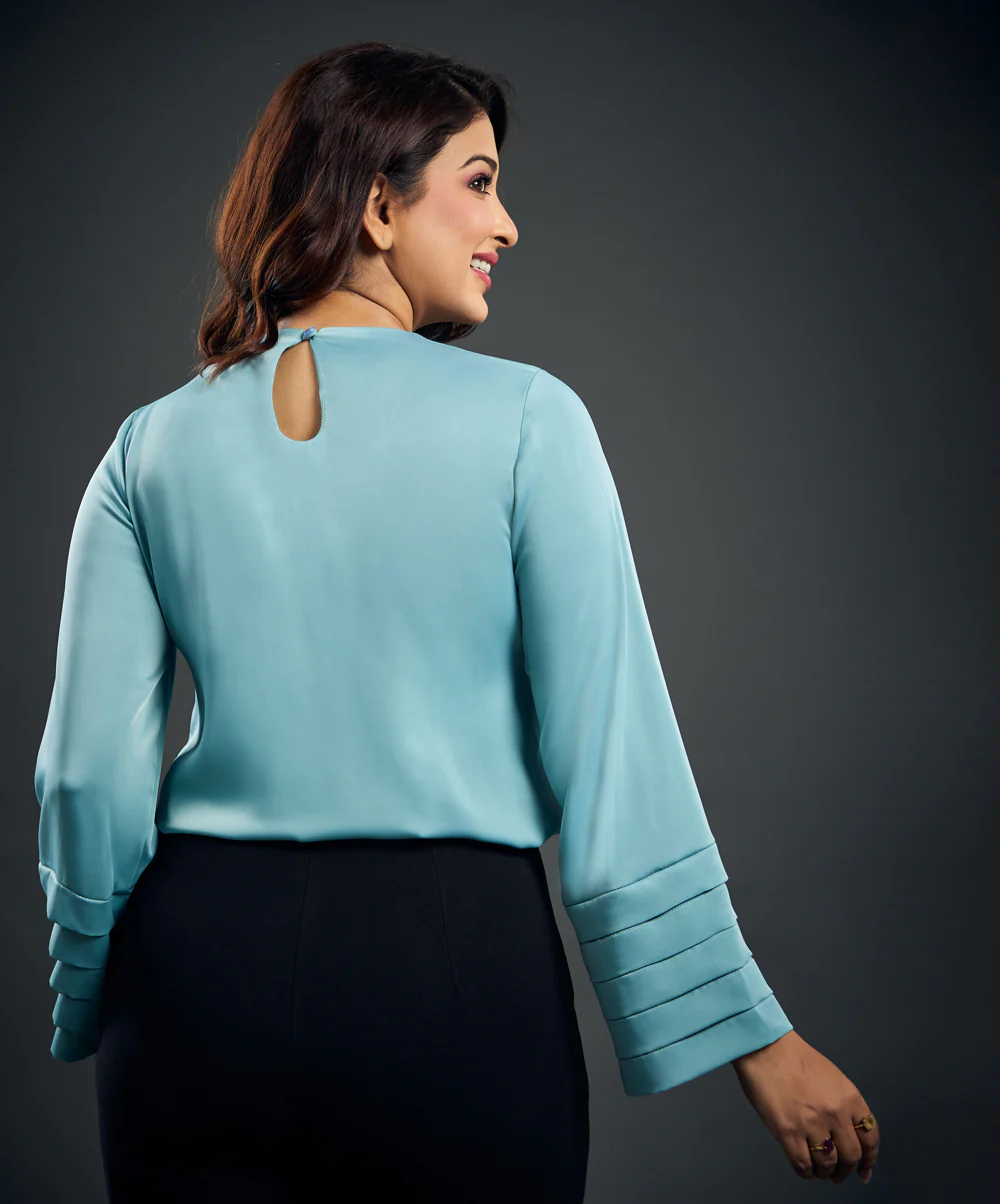 Long Sleeve Pleated Blue Satin Top - Image 4