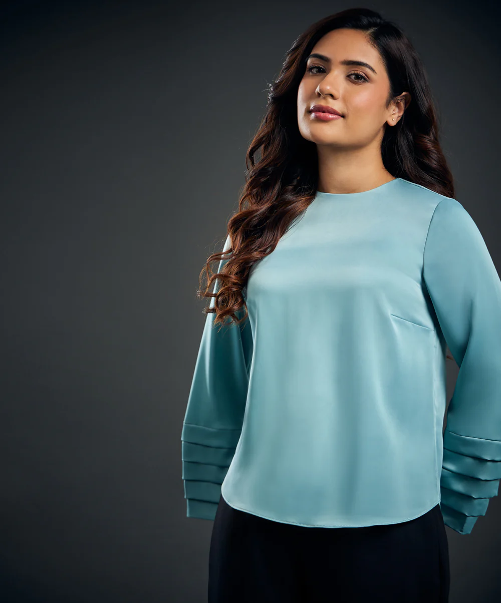 Long Sleeve Pleated Blue Satin Top - Image 5