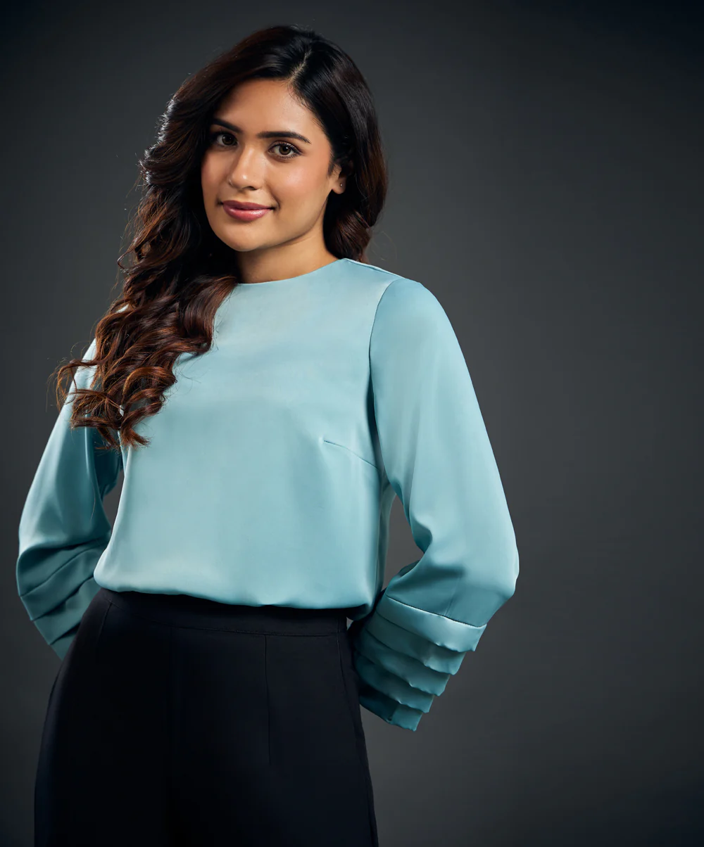 Long Sleeve Pleated Blue Satin Top - Image 6