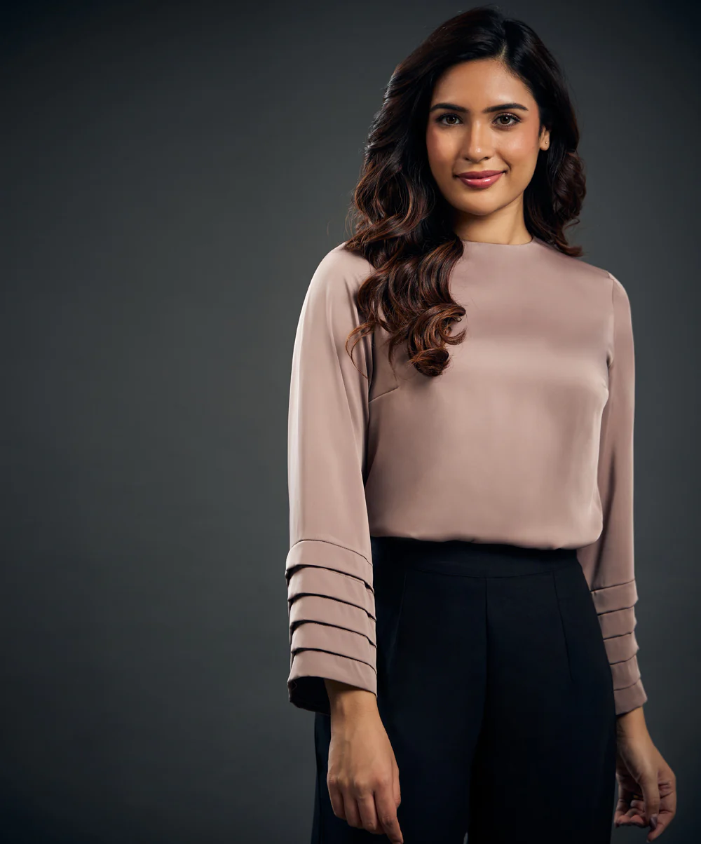 Long Sleeve Pleated Detailed Satin Top - Image 3