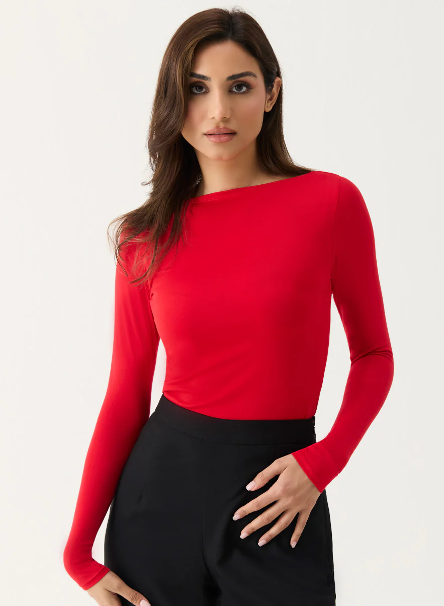 Long Sleeve Ponte Top - RED - Image 4