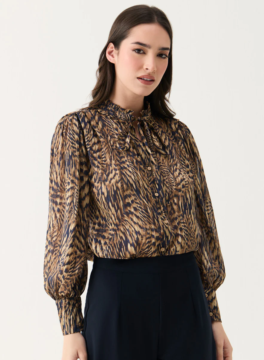 Long Sleeve Printed Frilled Collared Top - Image 2