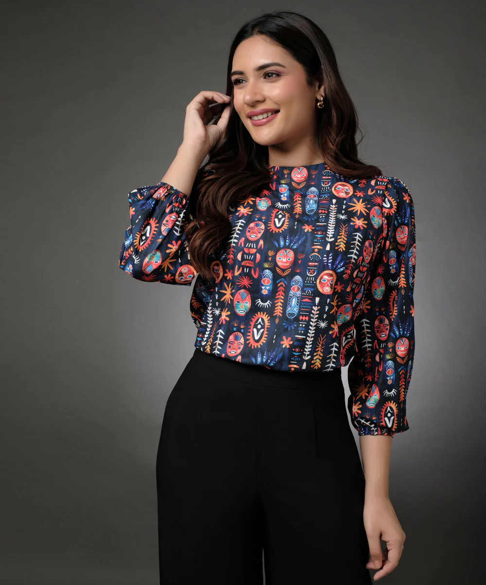 Long Sleeve Round Neck Printed Navy Chiffon Top - Image 2