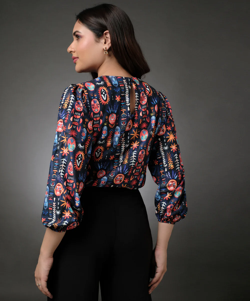 Long Sleeve Round Neck Printed Navy Chiffon Top - Image 4
