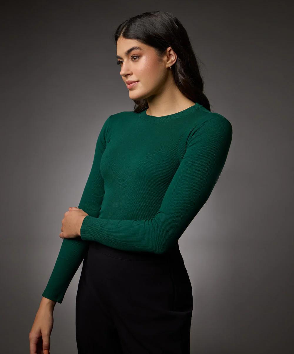Long Sleeve Round Neck Rib Top- Dark Green - Image 4