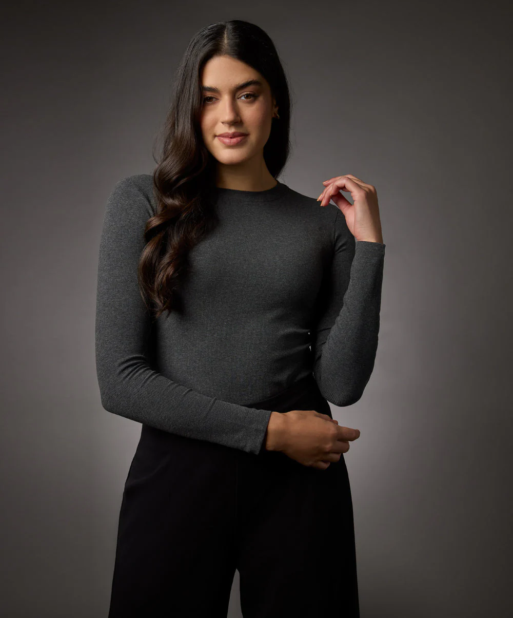 Long Sleeve Round Neck Rib Top- Dark Grey - Image 2