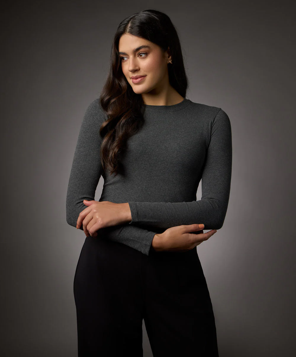 Long Sleeve Round Neck Rib Top- Dark Grey - Image 3