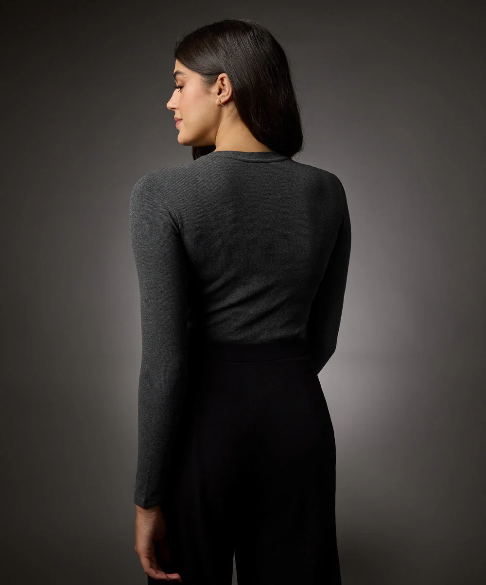 Long Sleeve Round Neck Rib Top- Dark Grey - Image 5