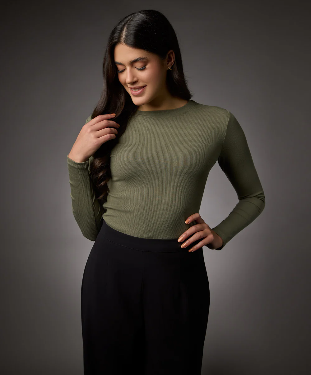 Long Sleeve Round Neck Rib Top- Khaki Green - Image 2