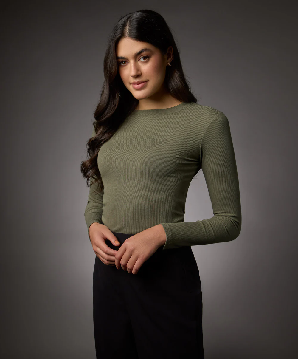 Long Sleeve Round Neck Rib Top- Khaki Green - Image 3