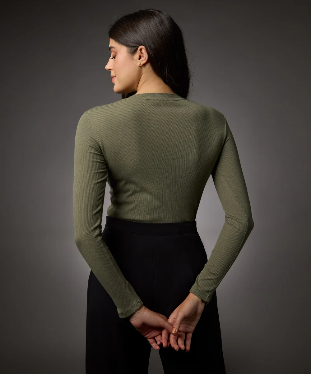 Long Sleeve Round Neck Rib Top- Khaki Green - Image 4