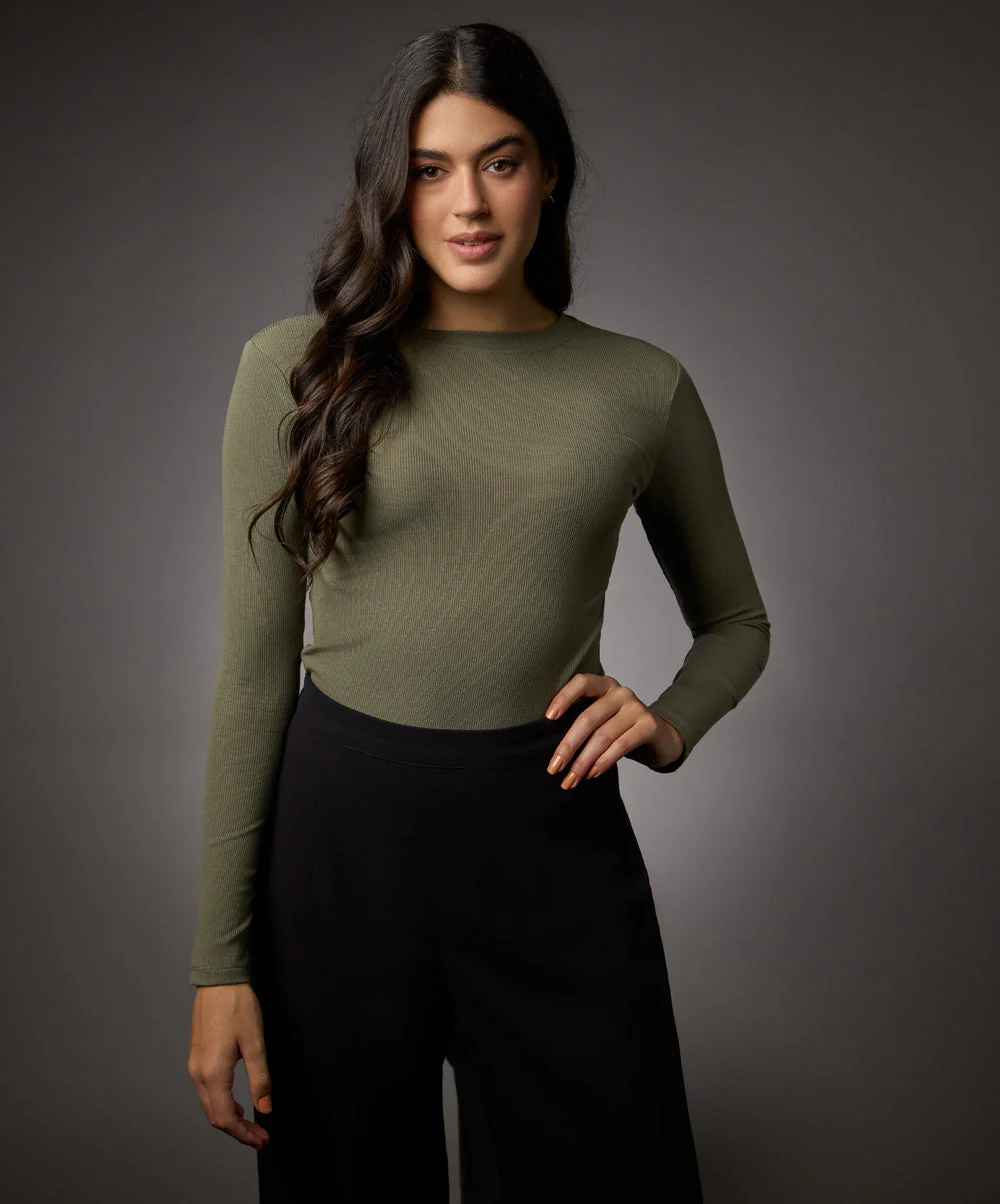 Long Sleeve Round Neck Rib Top- Khaki Green - Image 5