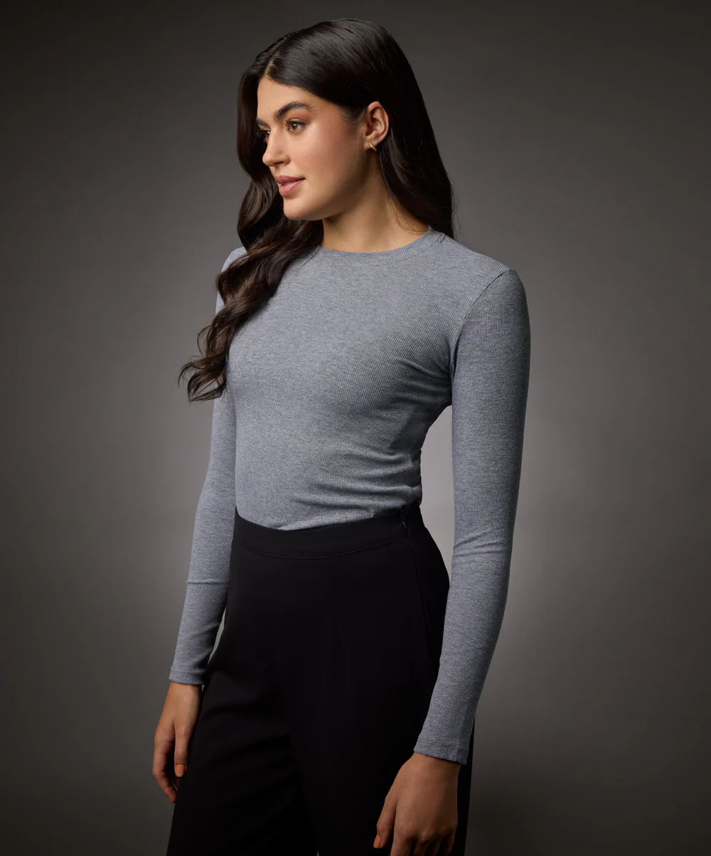 Long Sleeve Round Neck Rib Top- Light Grey - Image 4