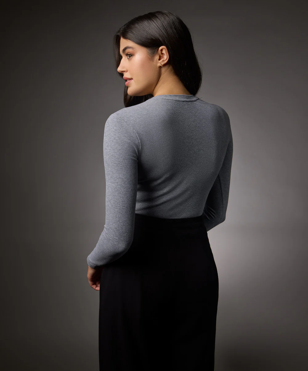 Long Sleeve Round Neck Rib Top- Light Grey - Image 5