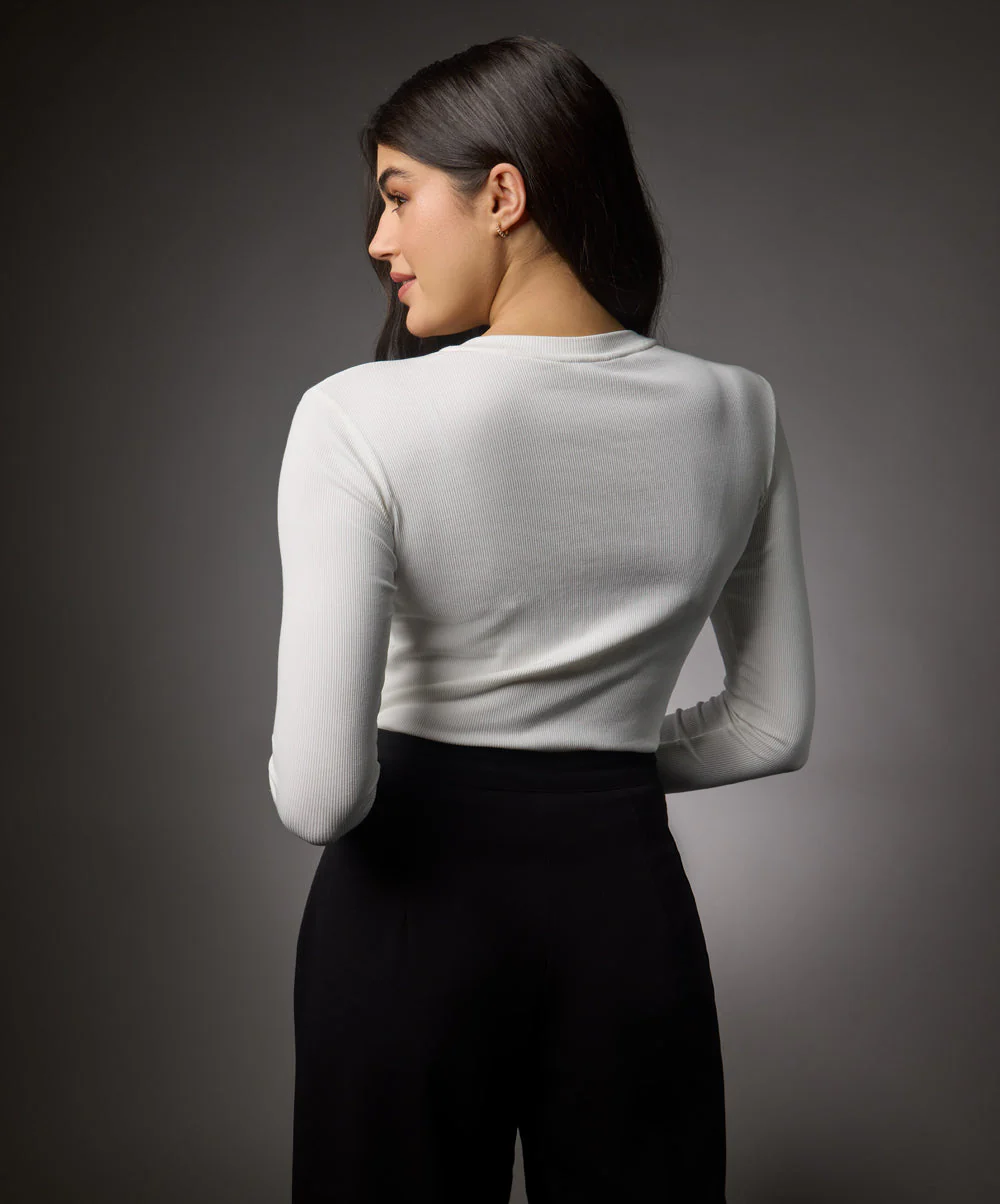 Long Sleeve Round Neck Rib Top- Off White - Image 5