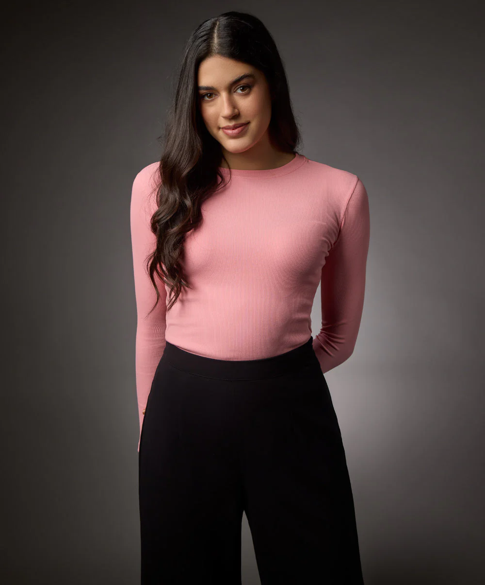 Long Sleeve Round Neck Rib Top- Peach Pink - Image 3