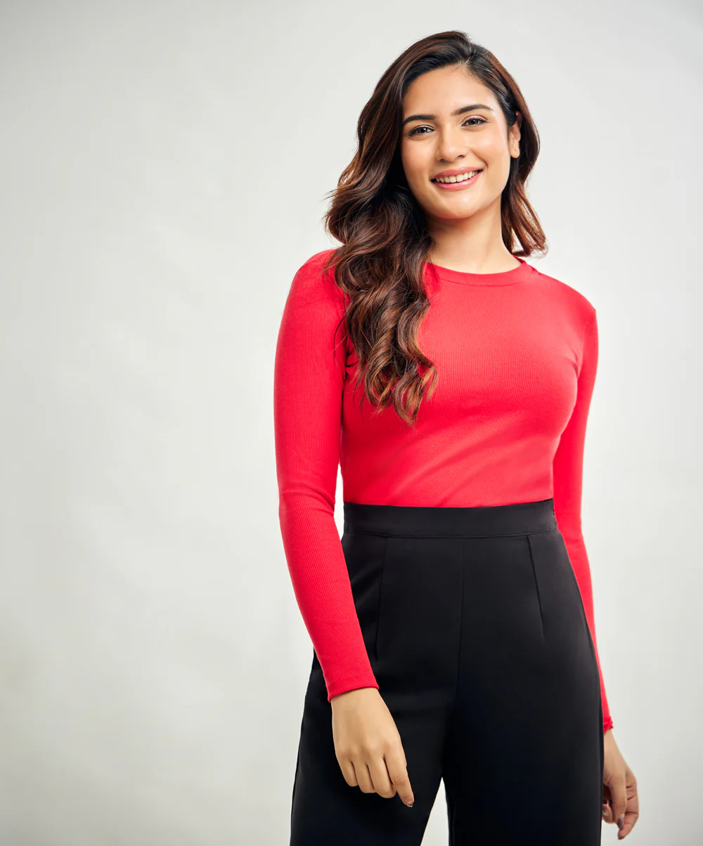 Long Sleeve Round Neck Rib Top- Red - Image 2