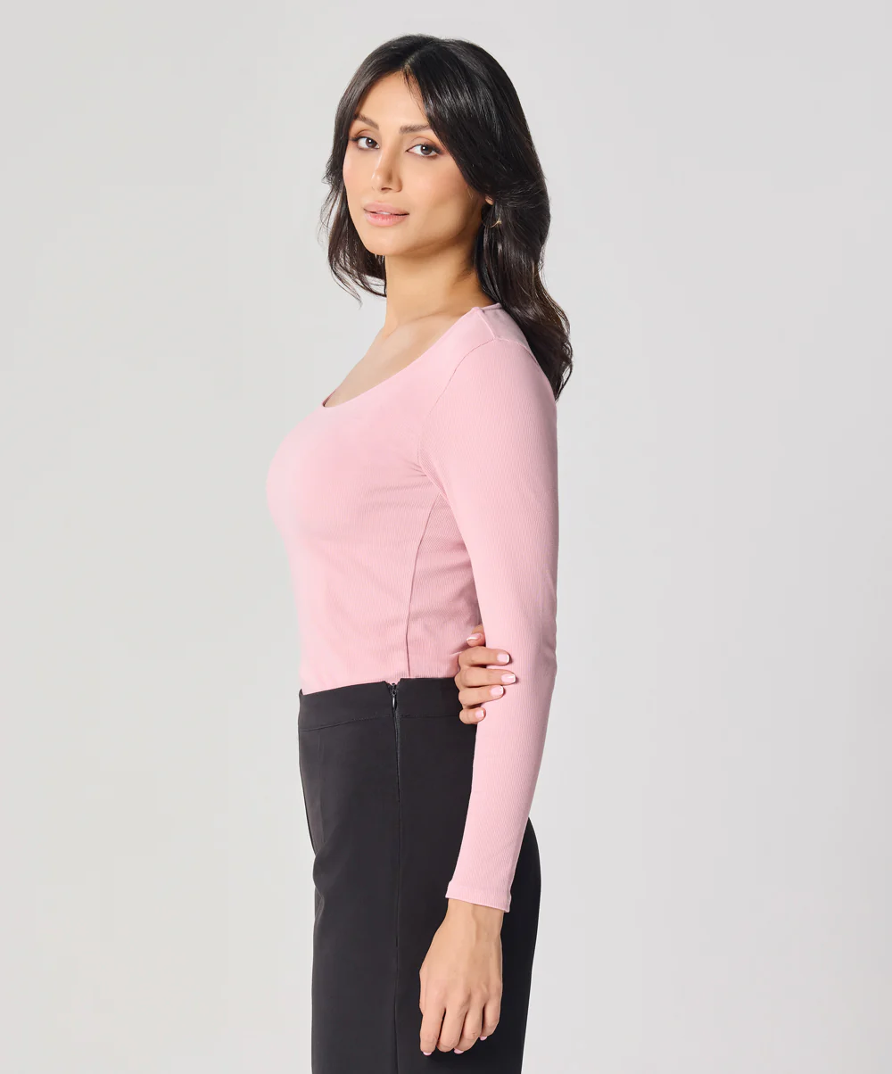 Long Sleeve Salmon Pink Rib Top - Image 4
