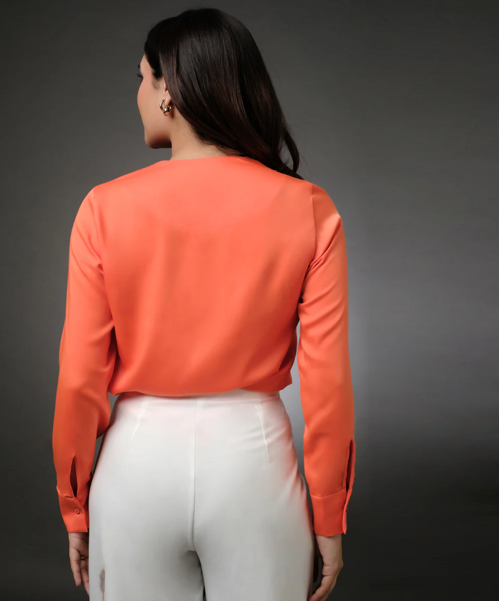 Long Sleeve Vneck Wrapping Orange Top - Image 6