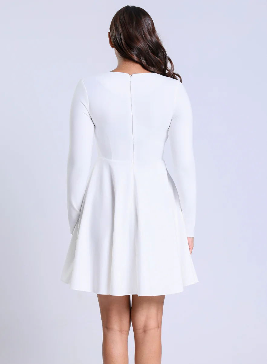 Long Sleeve VNeck White Skater Dress - Image 4