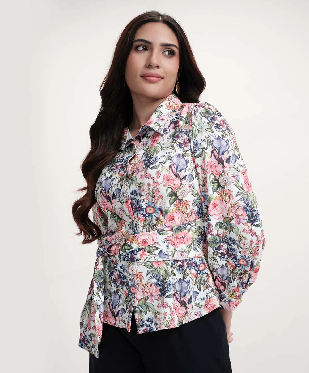 Long Sleeve Waist Tie Printed Pink Top - Image 4