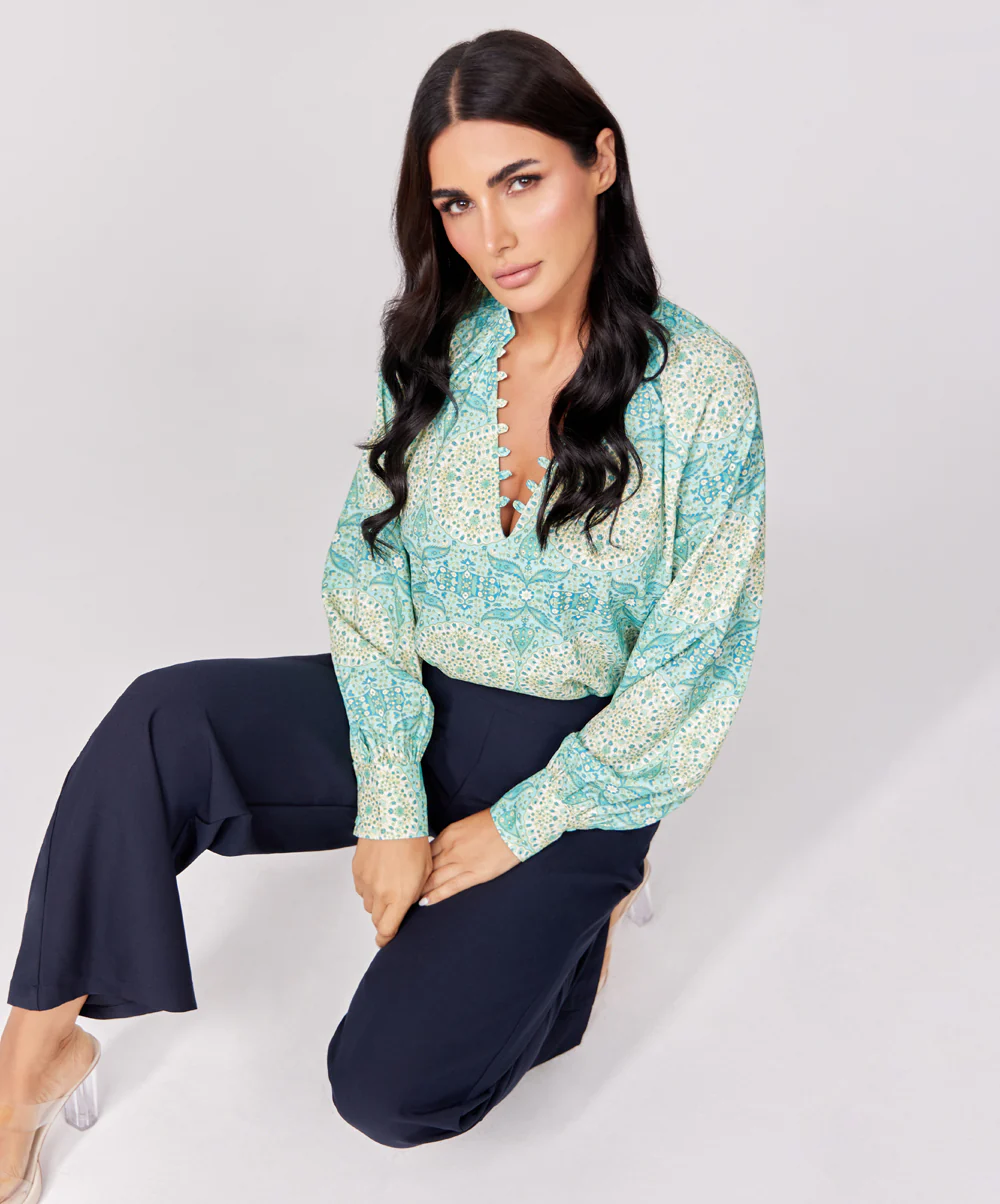 Loop Attached Green Printed Chiffon Top - Image 4