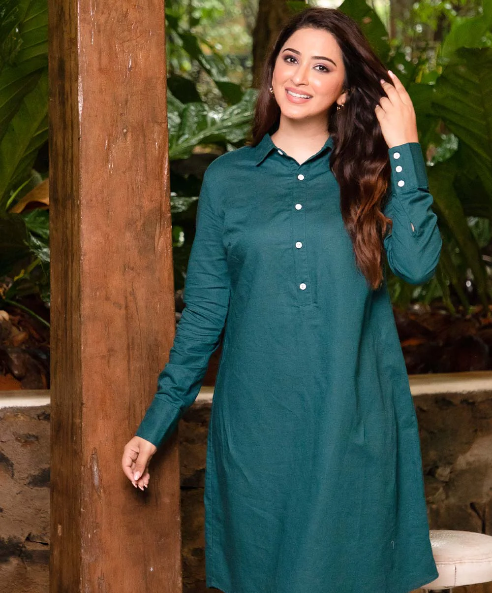 Teal Loose Fitted Shirt Linen Dress - Image 3