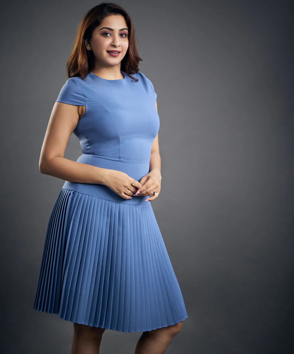 Low Waist Pleated Blue Formal Dress - Image 2