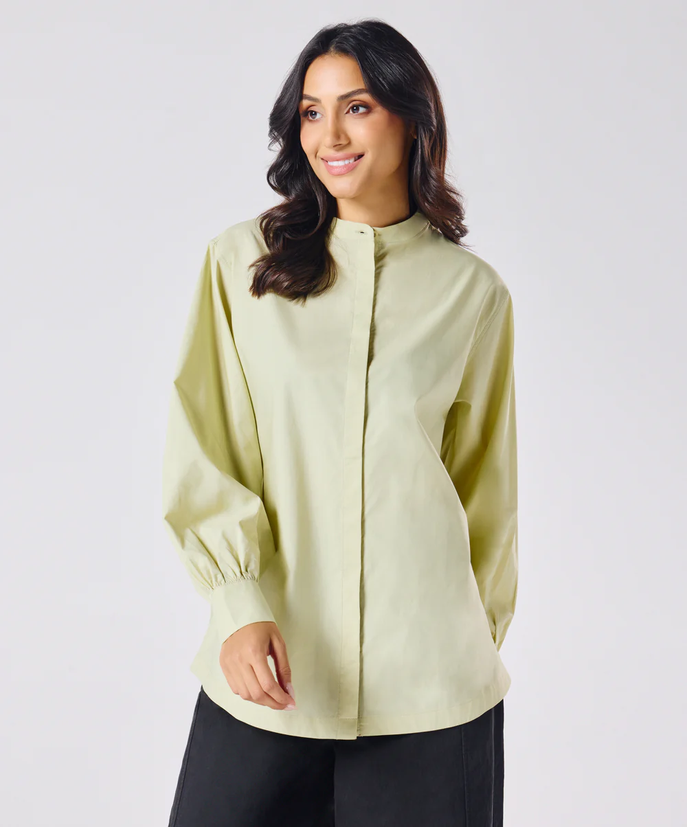 Mandarin Collar Cotton Oversized Shirt- Cream Green - Image 6