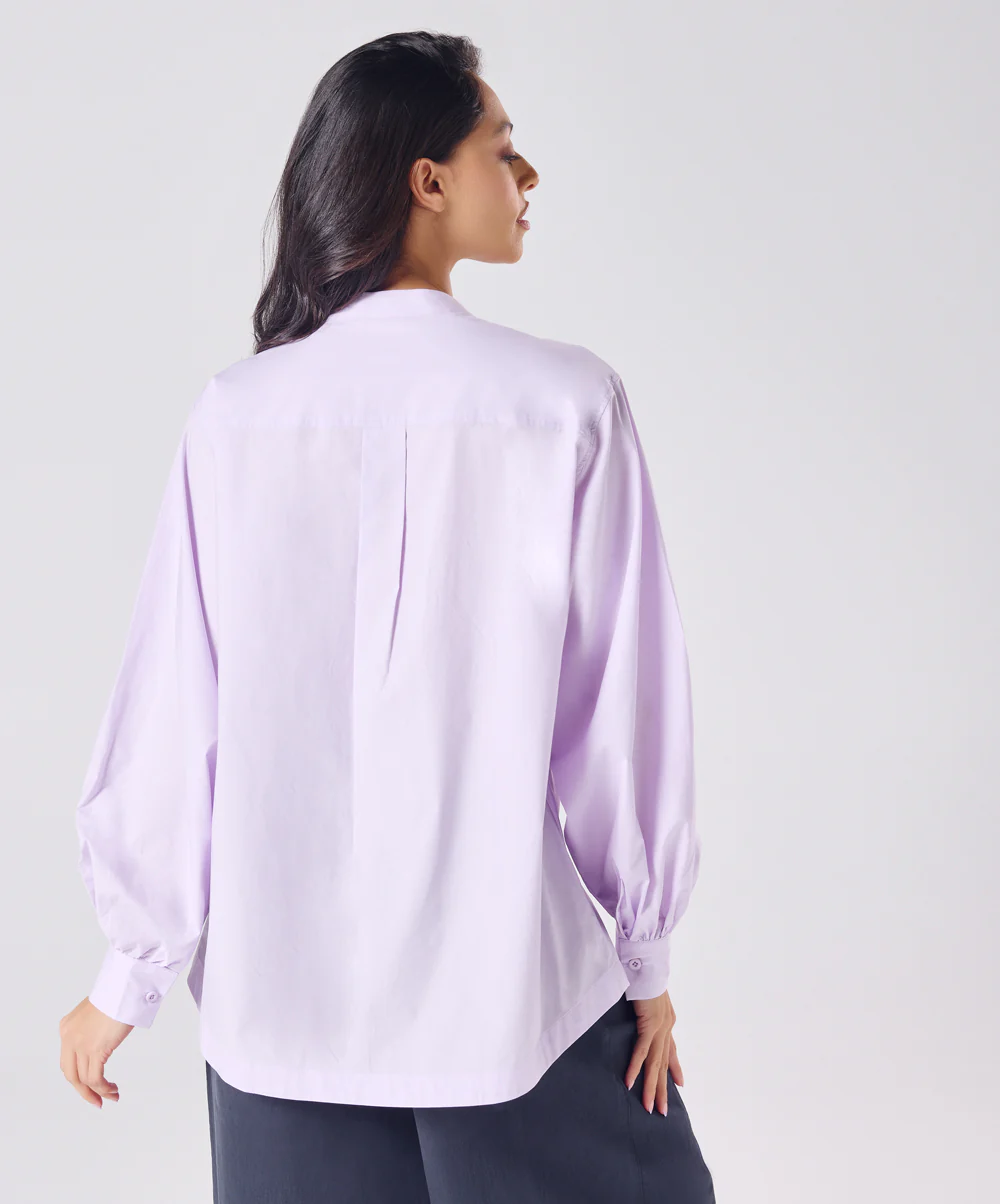 Mandarin  Collar Cotton Oversized Shirt- Lavender - Image 5