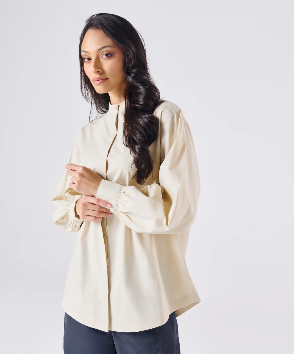 Mandarin Collar Cotton Oversized Shirt- Light Beige - Image 3